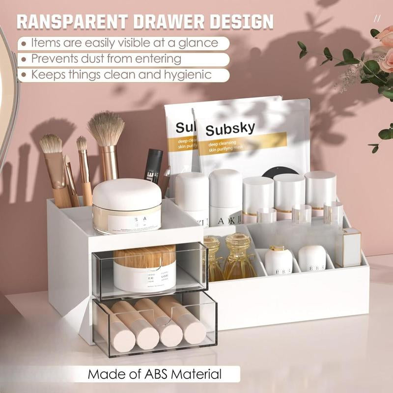 Subsky Makeup Organizer with Drawers, Easy Storage for Beauty Products Brushes, Multifunction Plastic Desk Organizer, Cosmetics Organizer for Countertop Dresser Vanity and Bathroom (White)