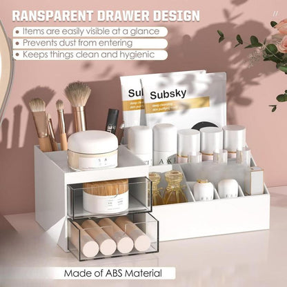 Subsky Makeup Organizer with Drawers, Easy Storage for Beauty Products Brushes, Multifunction Plastic Desk Organizer, Cosmetics Organizer for Countertop Dresser Vanity and Bathroom (White)
