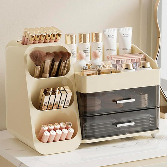 Makeup Organizer with Drawers, Large Bathroom Countertop Storage for Vanity, & Skincare Display Case for Brushes, Perfumes, Lipsticks (Cream White)